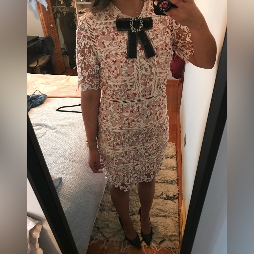 Elegant Floral Lace Dress with Black Bow